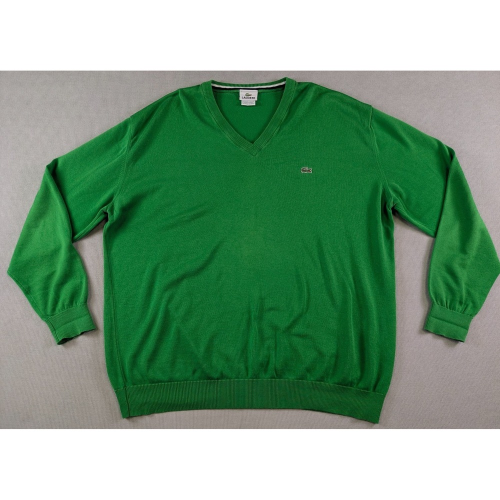 Lacoste Sweater Mens 2XL Size 7 Green V-Neck Tennis Lightweight Knit Preppy Y2K